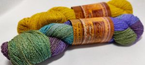 Two hanks of yarn in a wool-bamboo blend. The one in the background is a deep yellow, and the one in the foreground is gradient with large sections of blue, purple, and green.